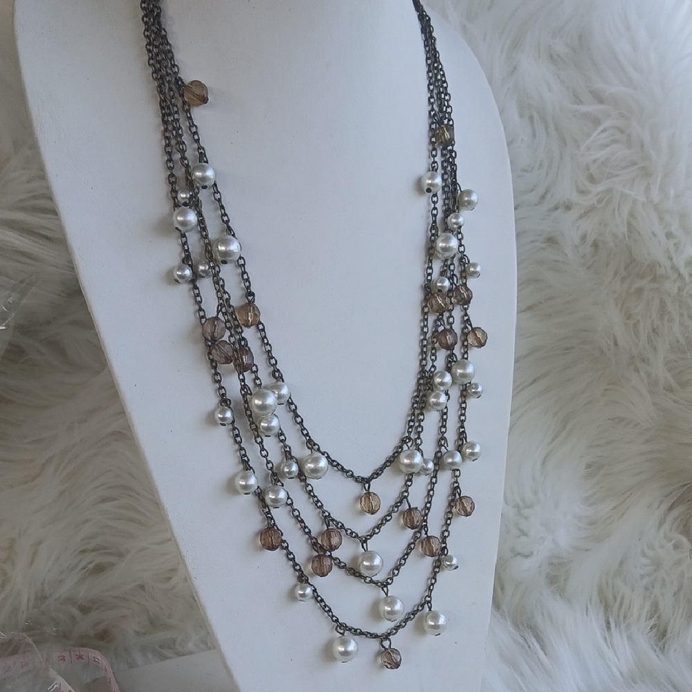 Paparazzi Layered Pearl and Brown Bead Brass Necklace LONG - Picture 3 of 9